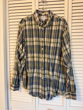 Brooks Brothers Regent Plaid Irish Linen Long Sleeve Shirt Mens Large Blue Green